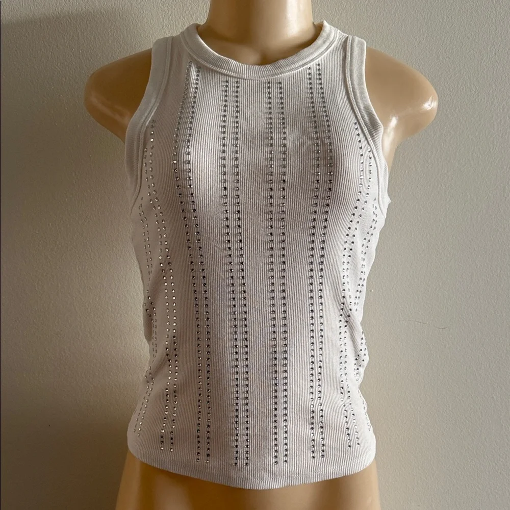 Zara White Rhinestone Ribbed Tank Top - Picture 2 of 9